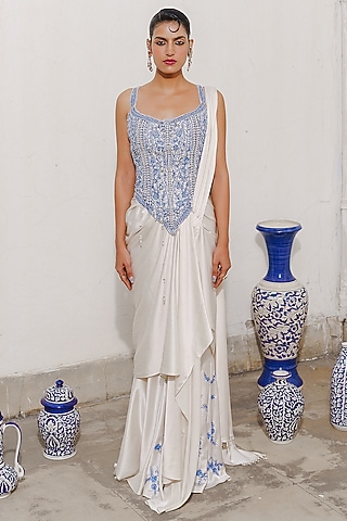 Ivory Satin Draped Saree Set by Aditi Gupta