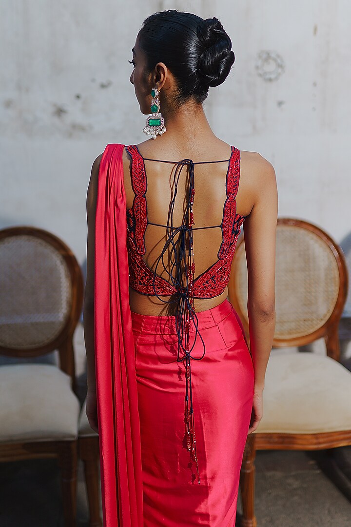 Red Satin Draped Wedding Saree Set by Aditi Gupta at Pernia's Pop Up Shop