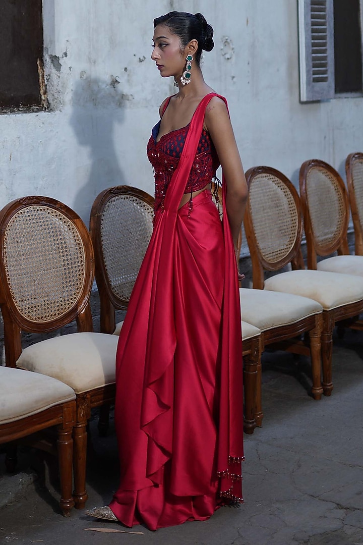 Red Satin Draped Wedding Saree Set by Aditi Gupta at Pernia's Pop Up Shop