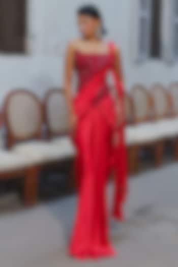 Red Satin Draped Wedding Saree Set by Aditi Gupta at Pernia's Pop Up Shop