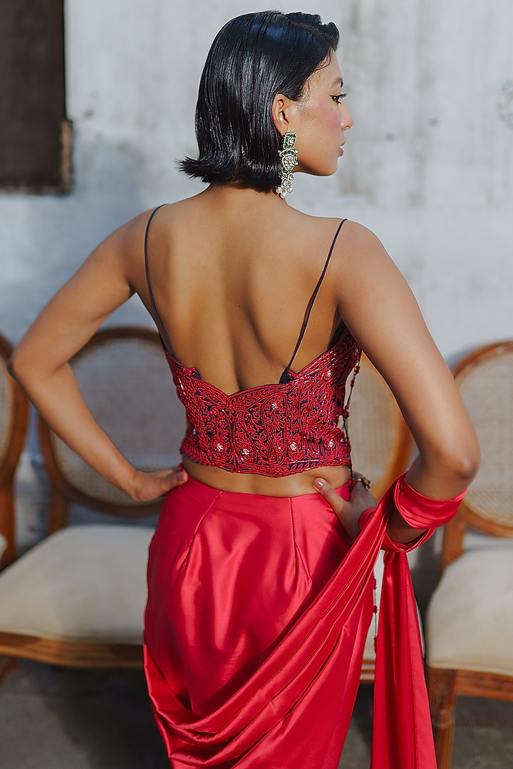 Red Satin Draped Wedding Saree Set by Aditi Gupta at Pernia's Pop Up Shop