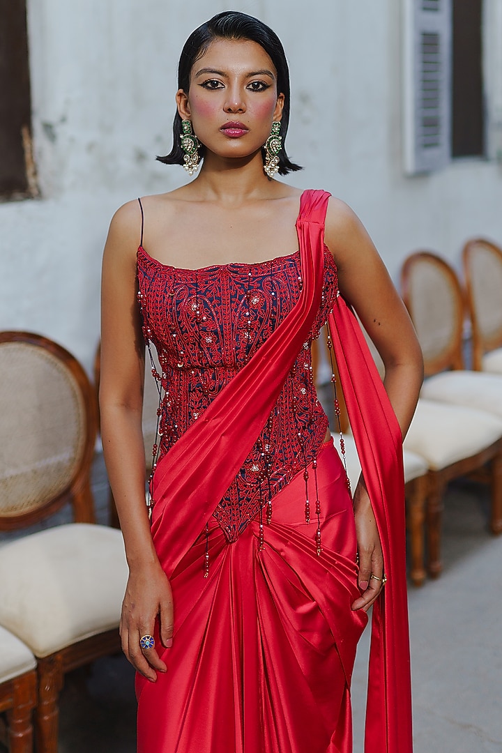 Red Satin Draped Wedding Saree Set by Aditi Gupta at Pernia's Pop Up Shop