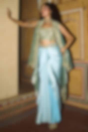 Powder Blue Armani Satin Draped Skirt Set by Aditi Gupta at Pernia's Pop Up Shop