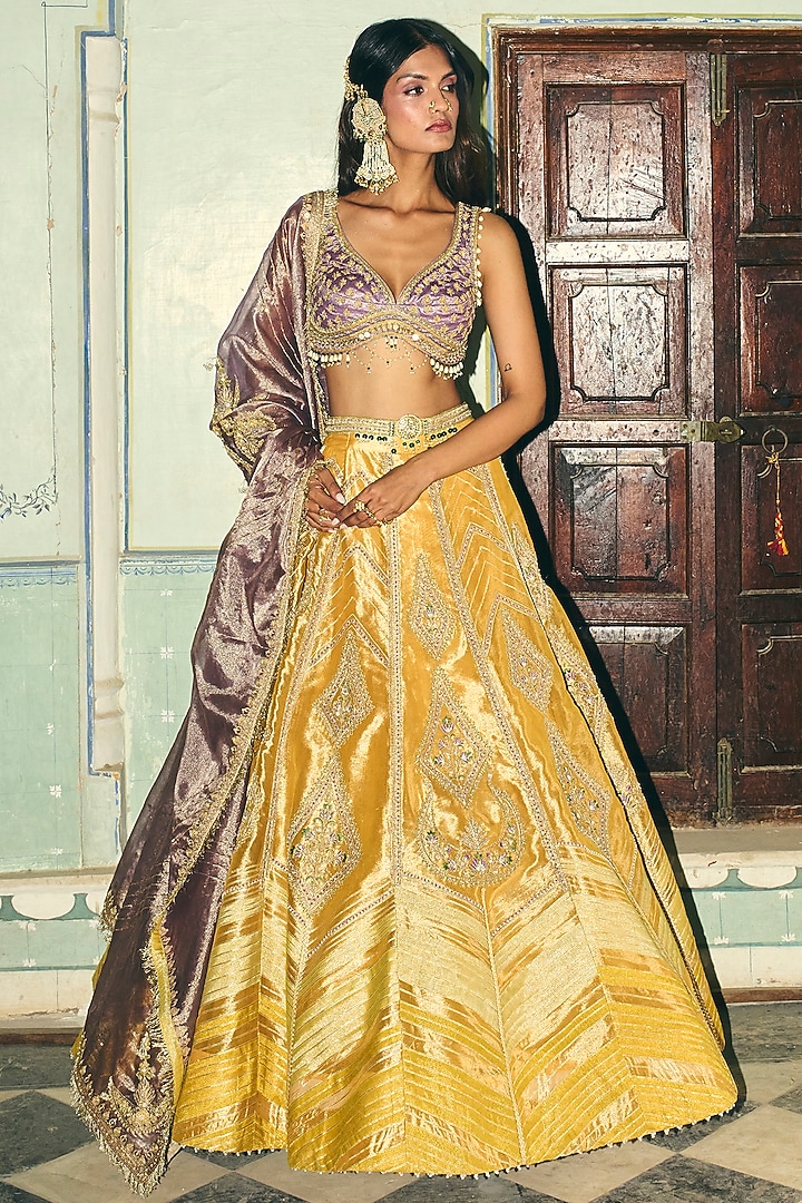 Mustard Yellow Pure Zari Tissue Kalidar Bridal Lehenga Set by Aditi Gupta at Pernia's Pop Up Shop