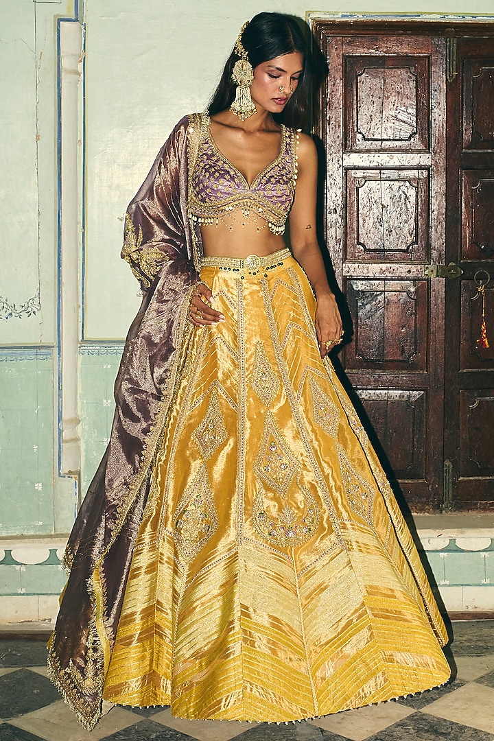 Mustard Yellow Pure Zari Tissue Kalidar Bridal Lehenga Set by Aditi Gupta at Pernia's Pop Up Shop