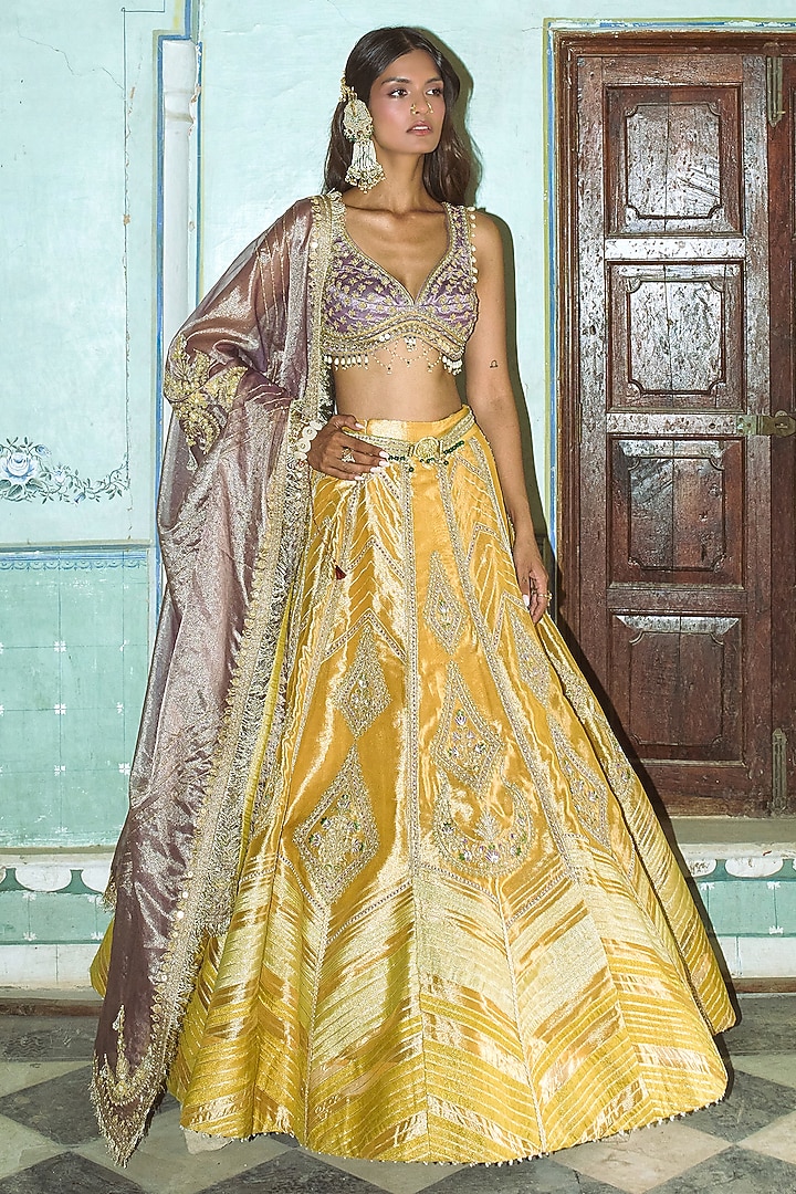 Mustard Yellow Pure Zari Tissue Kalidar Bridal Lehenga Set by Aditi Gupta at Pernia's Pop Up Shop