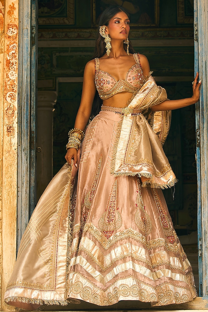 Rose Gold Pure Zari Tissue Kalidar Bridal Lehenga Set by Aditi Gupta at Pernia's Pop Up Shop