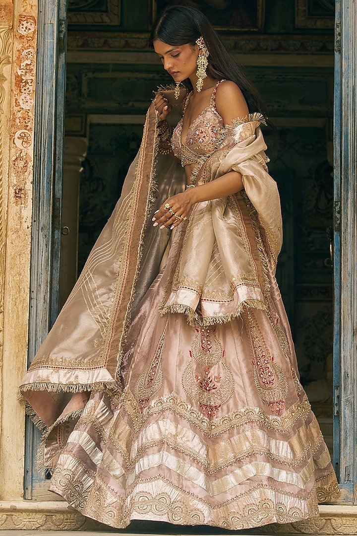 Rose Gold Pure Zari Tissue Kalidar Bridal Lehenga Set by Aditi Gupta at Pernia's Pop Up Shop