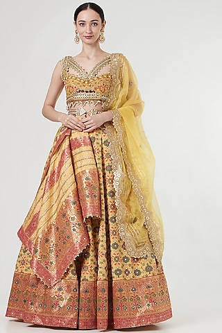 Yellow Mirror Embellished Lehenga Set by Aditi Gupta