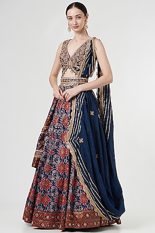 Cobalt Blue Silk Embroidered Lehenga Set by Aditi Gupta