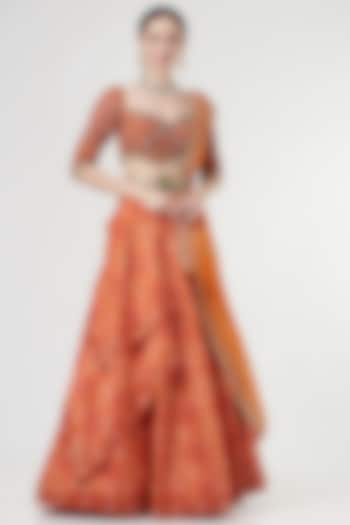 Orange Layered Embroidered Wedding Lehenga Set by Aditi Gupta at Pernia's Pop Up Shop