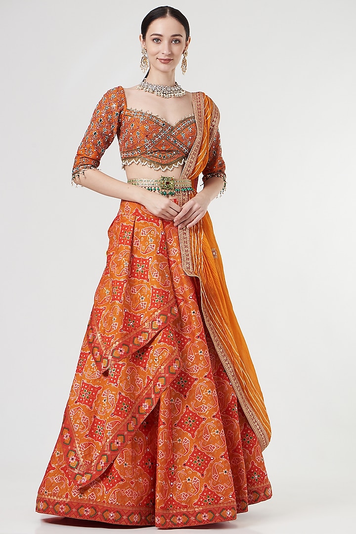 Orange Layered Embroidered Wedding Lehenga Set by Aditi Gupta at Pernia's Pop Up Shop