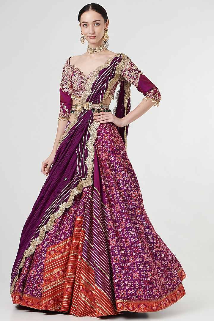 Deep Purple Embroidered Pleated Wedding Lehenga Set by Aditi Gupta at Pernia's Pop Up Shop