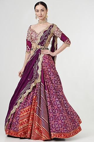Deep Purple Embroidered Pleated Lehenga Set by Aditi Gupta