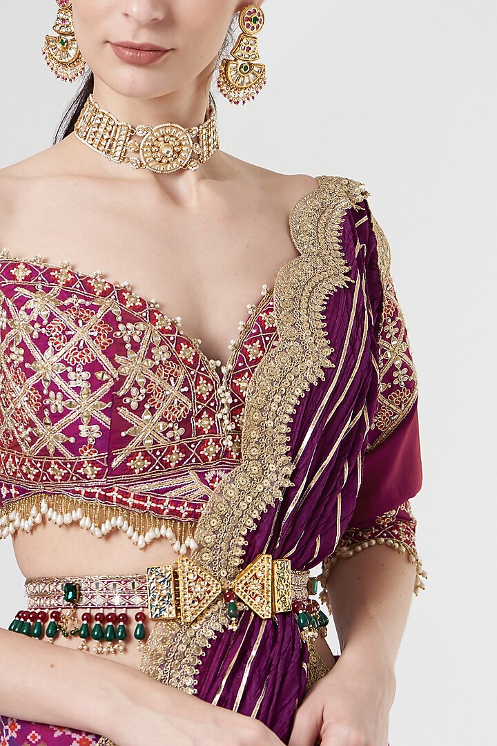 Deep Purple Embroidered Pleated Wedding Lehenga Set by Aditi Gupta at Pernia's Pop Up Shop