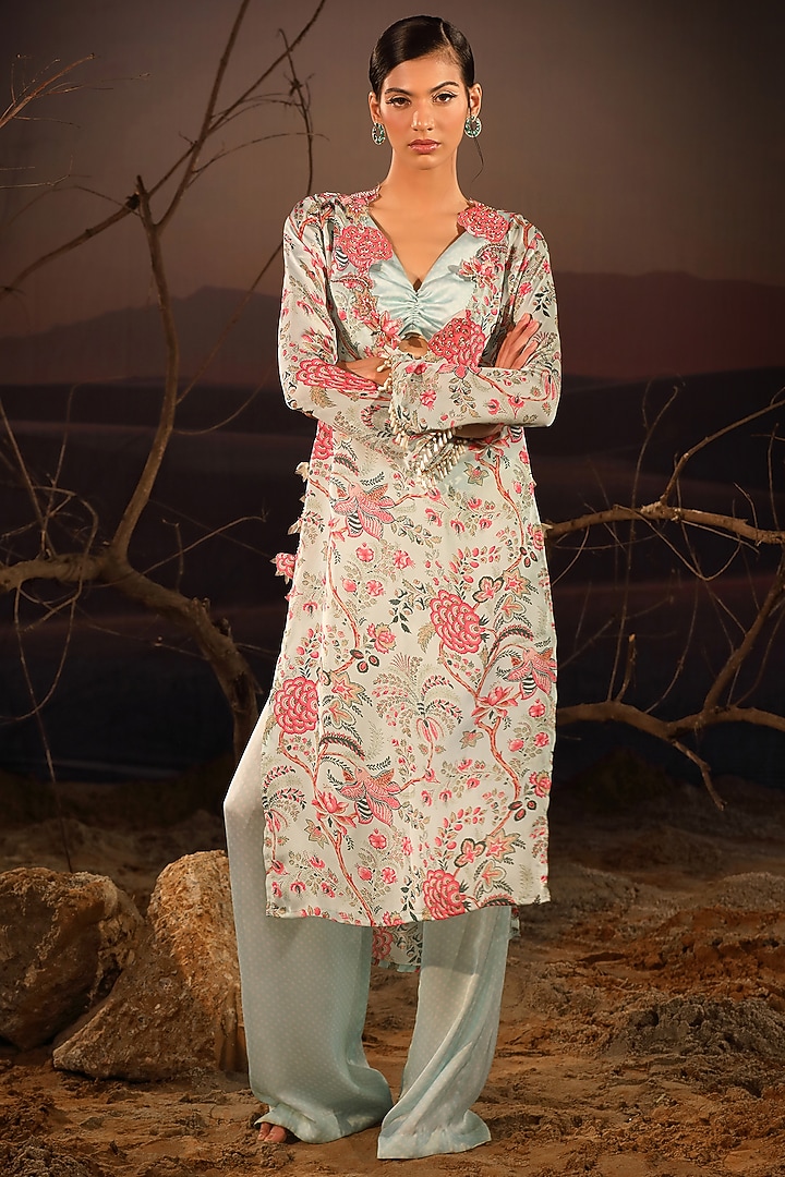 Powder Blue Satin Hand Embroidered Kurta Set by Aditi Gupta at Pernia's Pop Up Shop