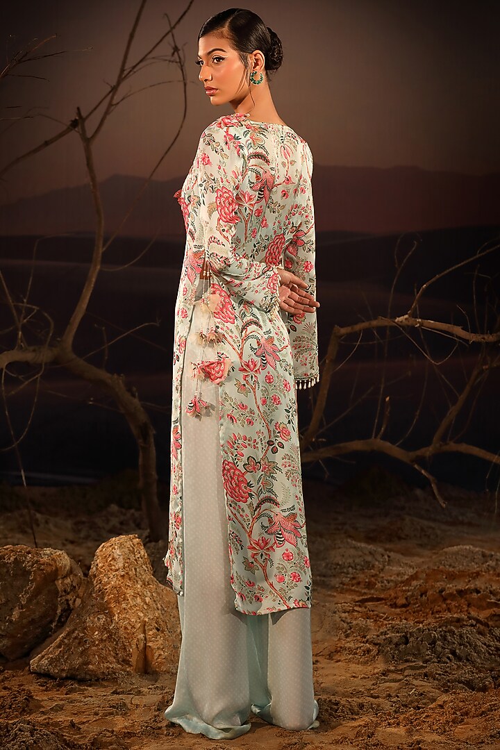 Powder Blue Satin Hand Embroidered Kurta Set by Aditi Gupta at Pernia's Pop Up Shop