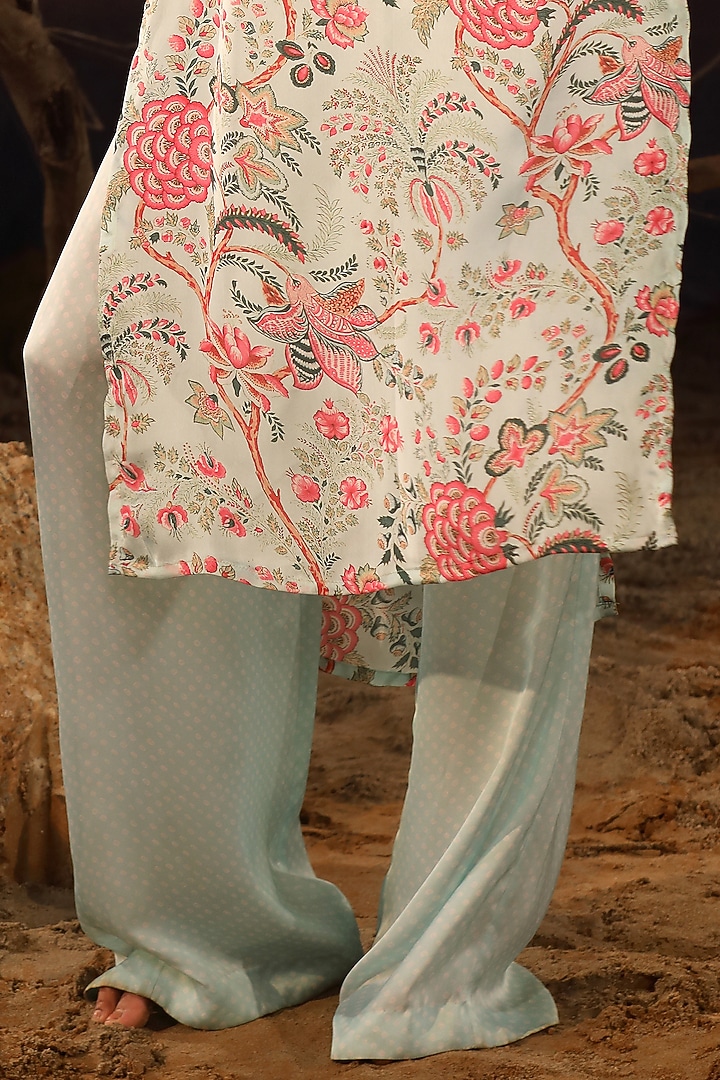 Powder Blue Satin Hand Embroidered Kurta Set by Aditi Gupta at Pernia's Pop Up Shop