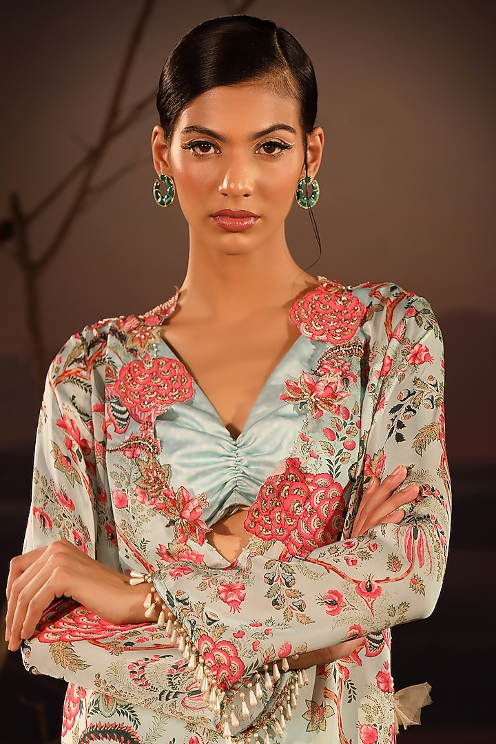 Powder Blue Satin Hand Embroidered Kurta Set by Aditi Gupta at Pernia's Pop Up Shop