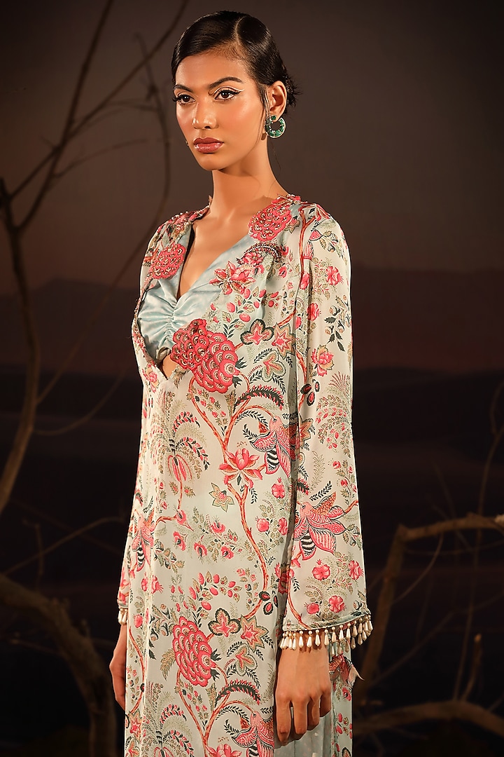 Powder Blue Satin Hand Embroidered Kurta Set by Aditi Gupta at Pernia's Pop Up Shop