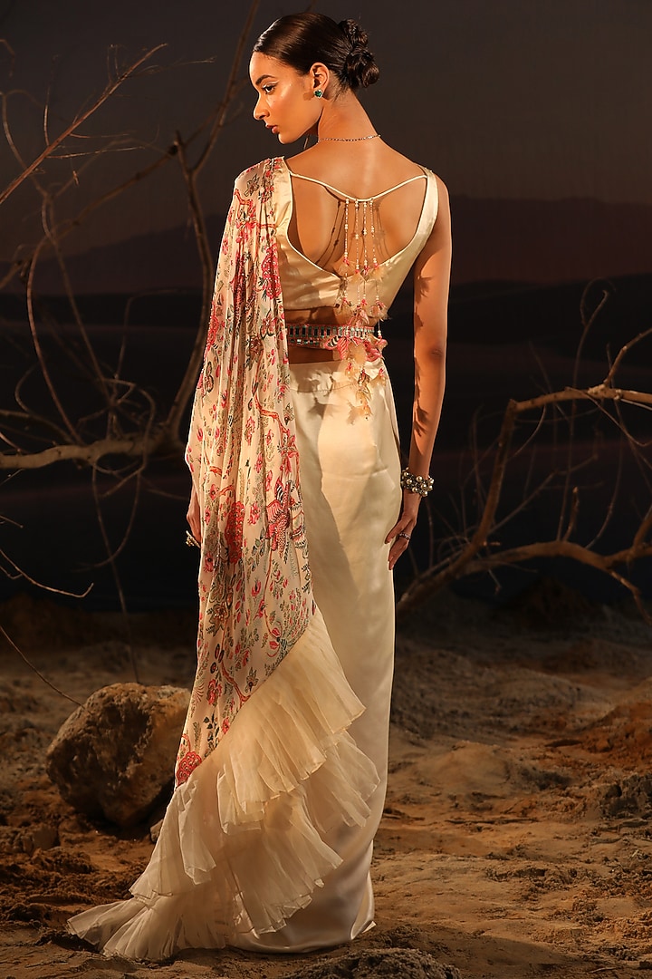 Ivory Satin & Organza Hand Embroidered Wedding Saree Set by Aditi Gupta at Pernia's Pop Up Shop