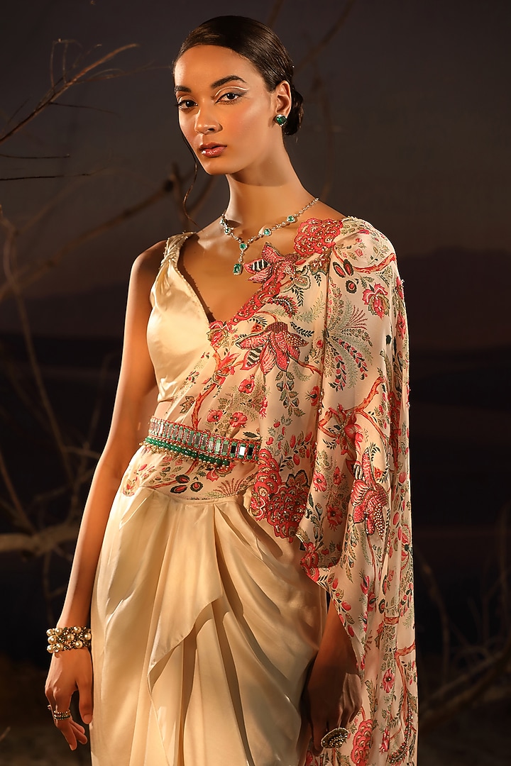 Ivory Satin & Organza Hand Embroidered Wedding Saree Set by Aditi Gupta at Pernia's Pop Up Shop