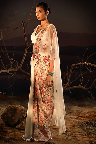 Ivory Satin & Organza Hand Embroidered Saree Set by Aditi Gupta
