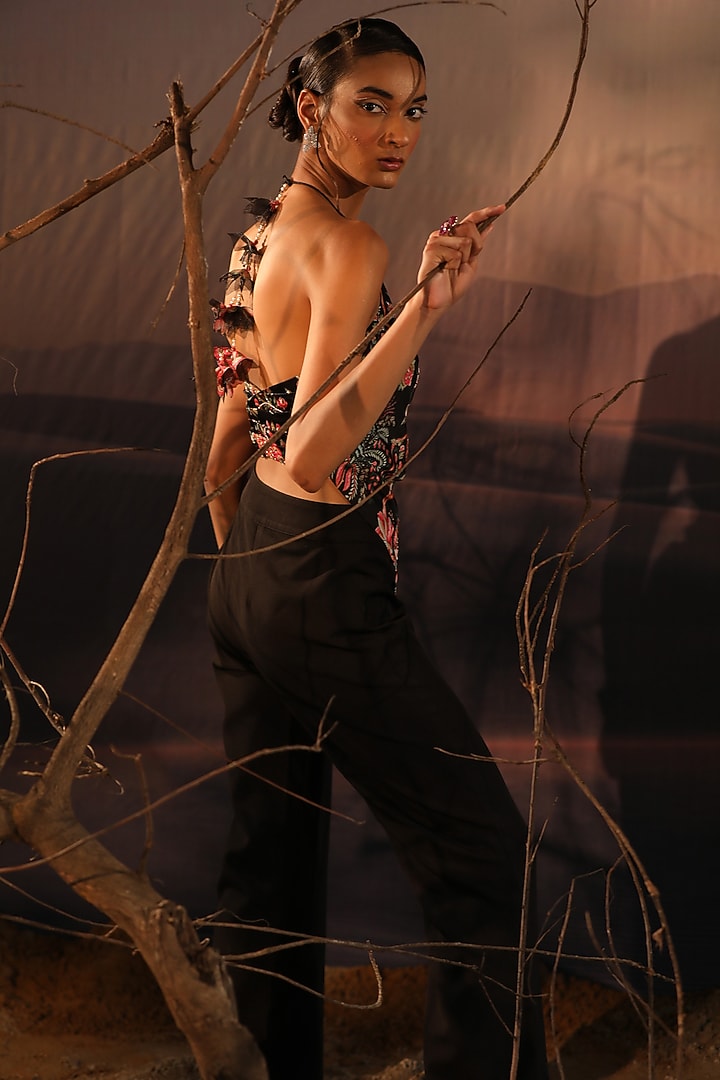 Black Satin Floral Co-Ord Set by Aditi Gupta at Pernia's Pop Up Shop