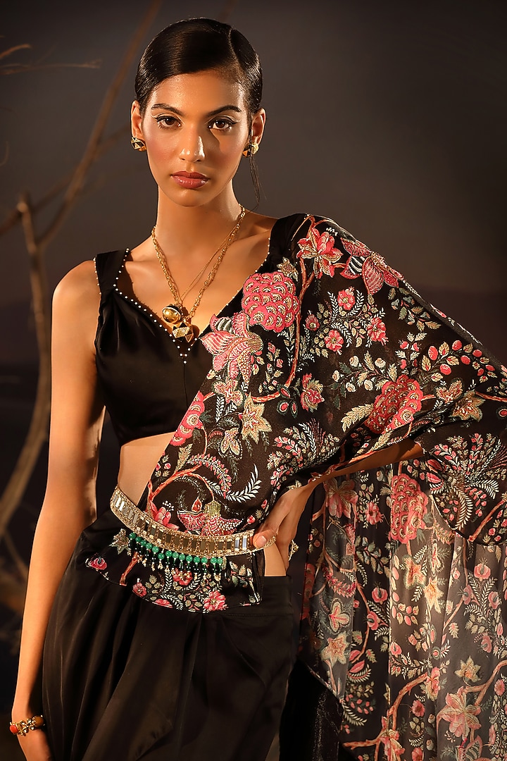 Black Satin & Organza Hand Embroidered Wedding Saree Set by Aditi Gupta at Pernia's Pop Up Shop