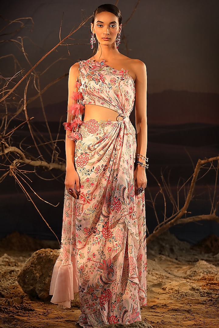 Powder Pink Satin & Organza Hand Embroidered Asymmetrical Dress by Aditi Gupta