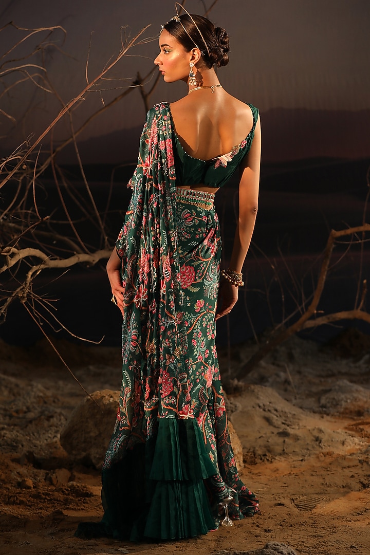 Green Satin & Organza Hand Embroidered Wedding Saree Set by Aditi Gupta at Pernia's Pop Up Shop
