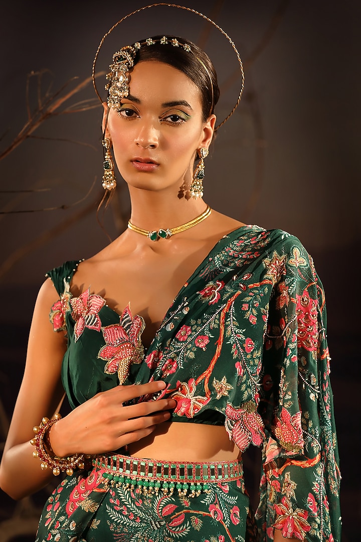 Green Satin & Organza Hand Embroidered Wedding Saree Set by Aditi Gupta at Pernia's Pop Up Shop