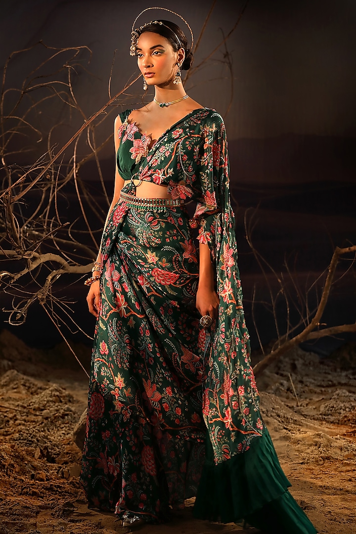 Green Satin & Organza Hand Embroidered Wedding Saree Set by Aditi Gupta at Pernia's Pop Up Shop