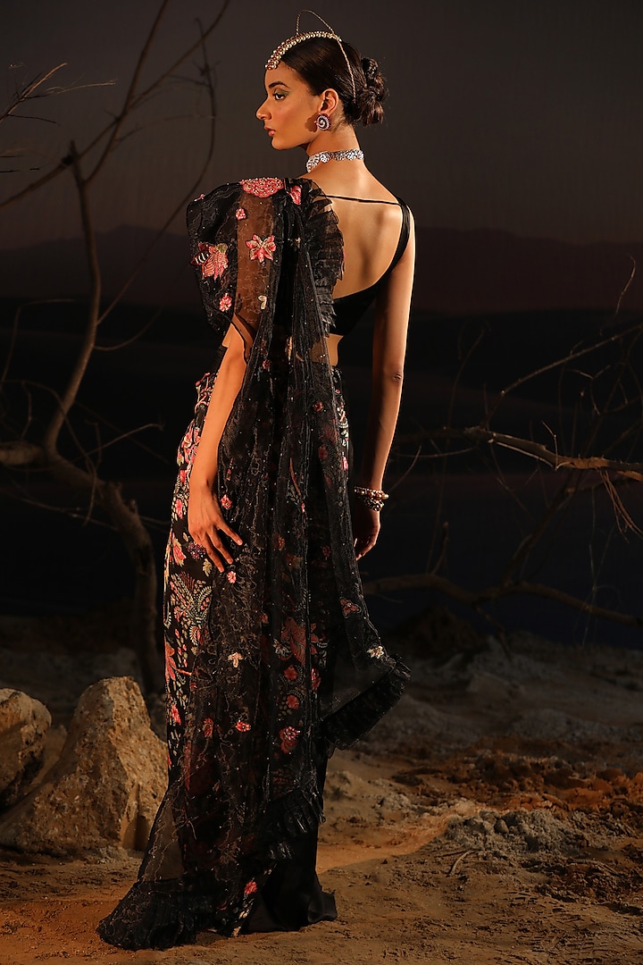Black Satin & Organza Hand Embroidered Wedding Saree Set by Aditi Gupta at Pernia's Pop Up Shop