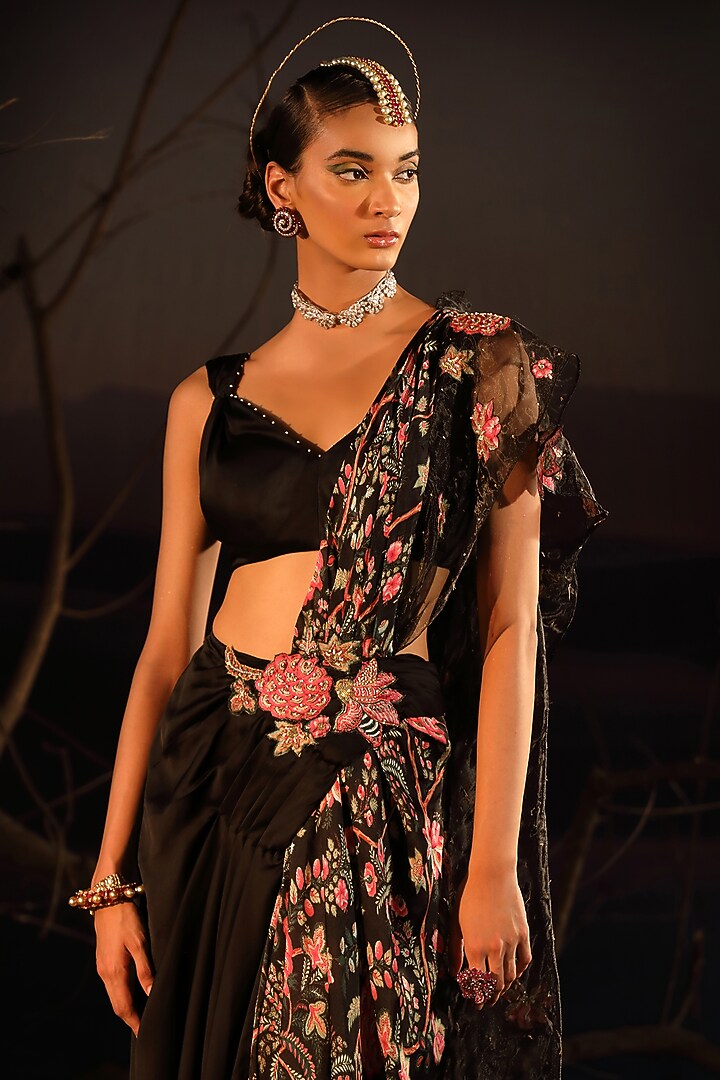 Black Satin & Organza Hand Embroidered Wedding Saree Set by Aditi Gupta at Pernia's Pop Up Shop