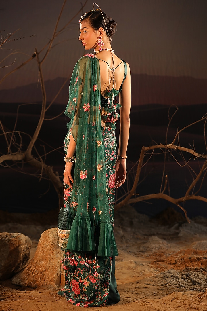 Green Satin & Organza Hand Embroidered Wedding Saree Set by Aditi Gupta at Pernia's Pop Up Shop