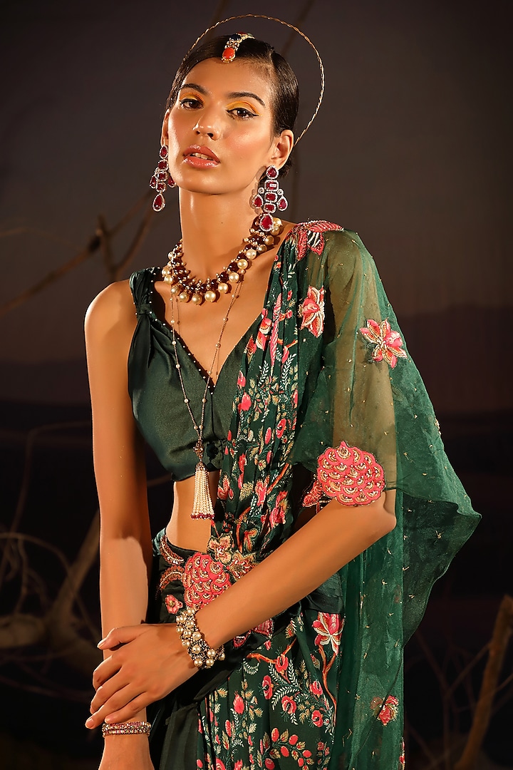 Green Satin & Organza Hand Embroidered Wedding Saree Set by Aditi Gupta at Pernia's Pop Up Shop