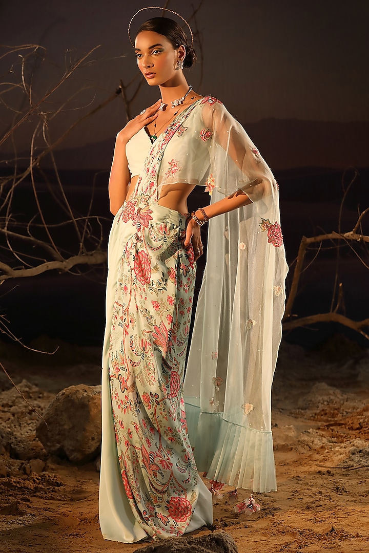 Powder Blue Satin & Organza Hand Embroidered Saree Set by Aditi Gupta at Pernia's Pop Up Shop