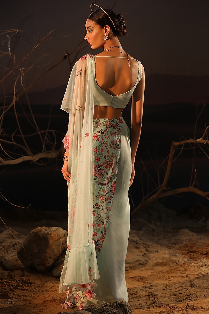 Powder Blue Satin & Organza Hand Embroidered Wedding Saree Set by Aditi Gupta at Pernia's Pop Up Shop