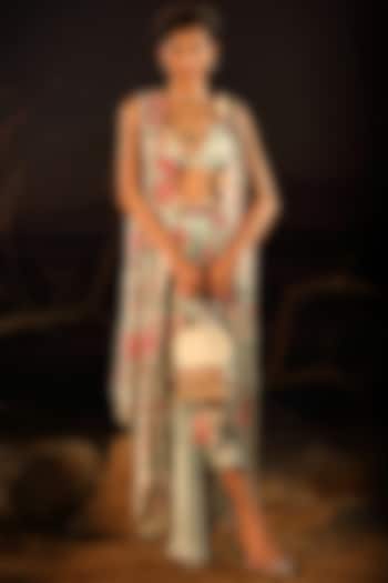 Powder Blue Satin Printed & Beaded Cape Set by Aditi Gupta at Pernia's Pop Up Shop