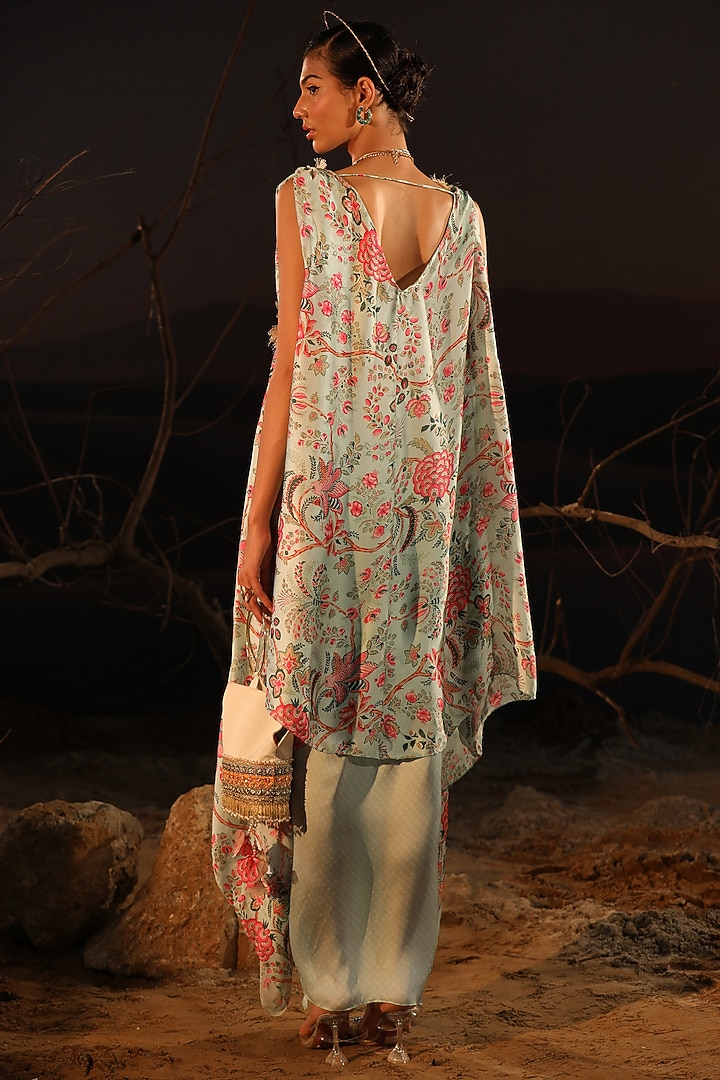 Powder Blue Satin Printed & Beaded Cape Set by Aditi Gupta at Pernia's Pop Up Shop