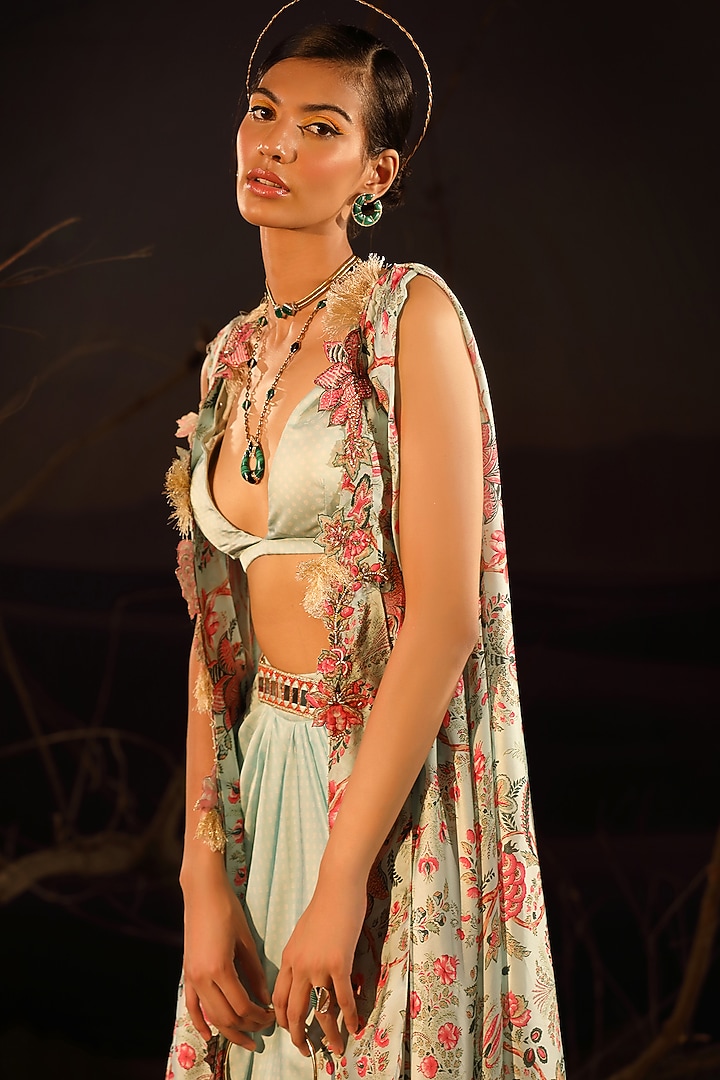 Powder Blue Satin Printed & Beaded Cape Set by Aditi Gupta at Pernia's Pop Up Shop