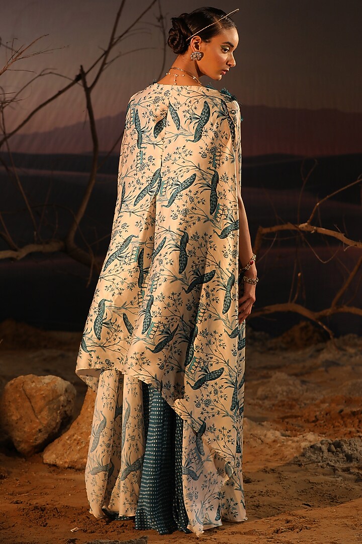 Teal Blue & Ivory Satin Printed Jacket Cocktail Dress by Aditi Gupta at Pernia's Pop Up Shop