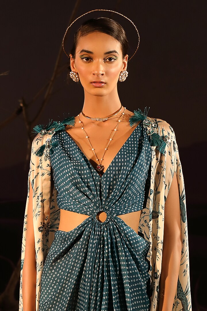 Teal Blue & Ivory Satin Printed Jacket Cocktail Dress by Aditi Gupta at Pernia's Pop Up Shop