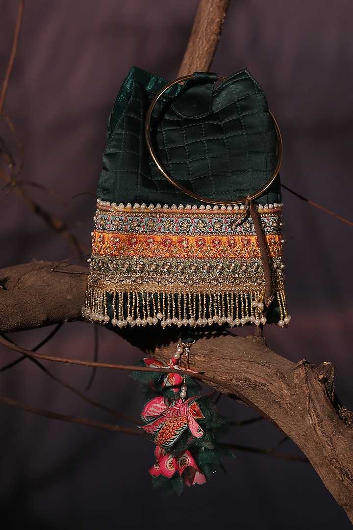 Deep Green Satin Tasseled Quilted Potli by Aditi Gupta at Pernia's Pop Up Shop