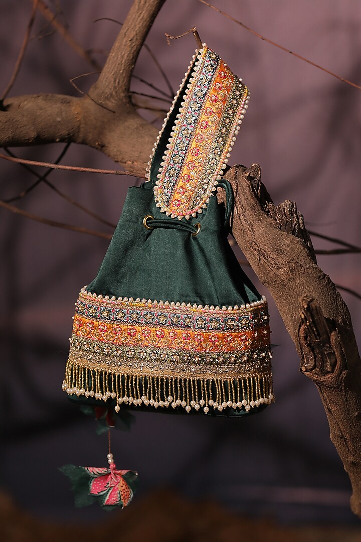 Deep Green Satin Tasseled Potli by Aditi Gupta at Pernia's Pop Up Shop