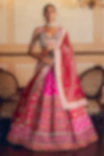 Hot Pink Jacquard Silk Banarasi Zari Embroidered Wedding Lehenga Set by Aditi Gupta at Pernia's Pop Up Shop