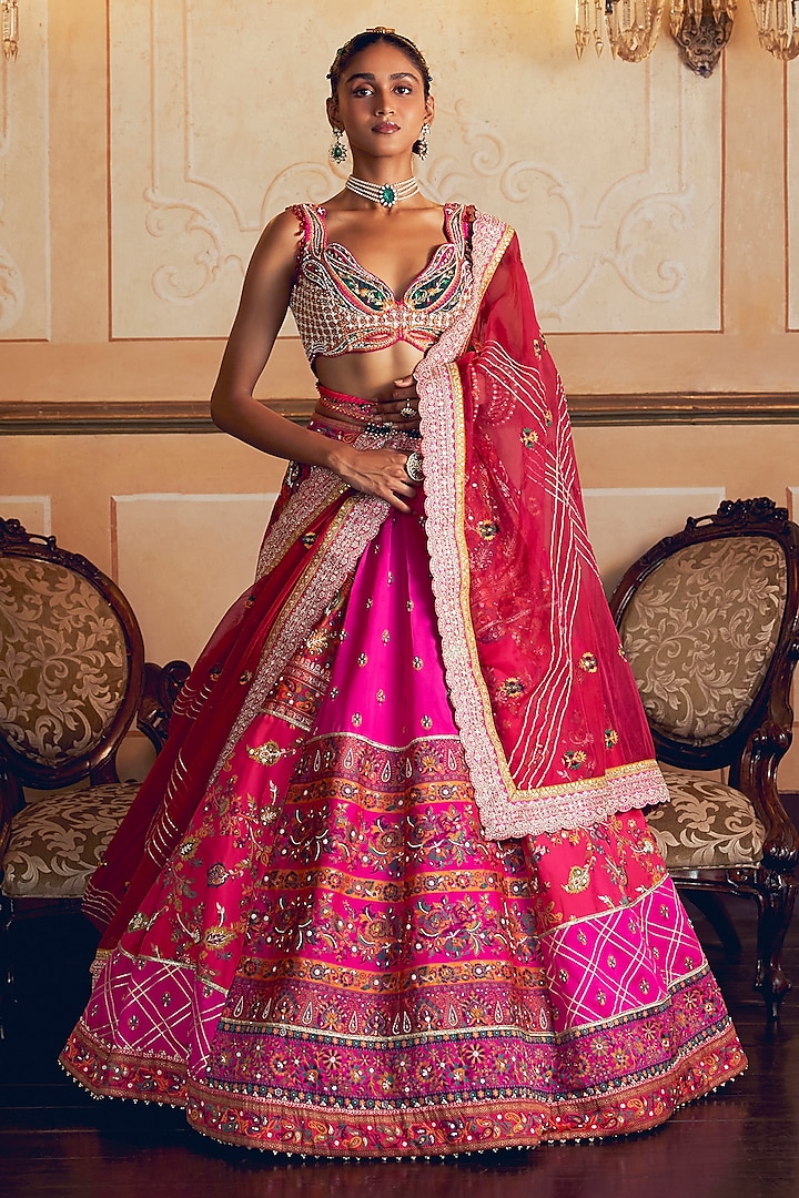 Hot Pink Jacquard Silk Banarasi Zari Embroidered Wedding Lehenga Set by Aditi Gupta at Pernia's Pop Up Shop