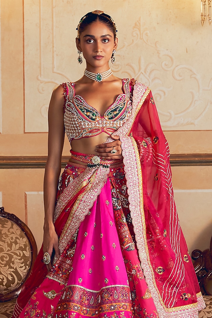 Hot Pink Jacquard Silk Banarasi Zari Embroidered Bridal Lehenga Set by Aditi Gupta at Pernia's Pop Up Shop