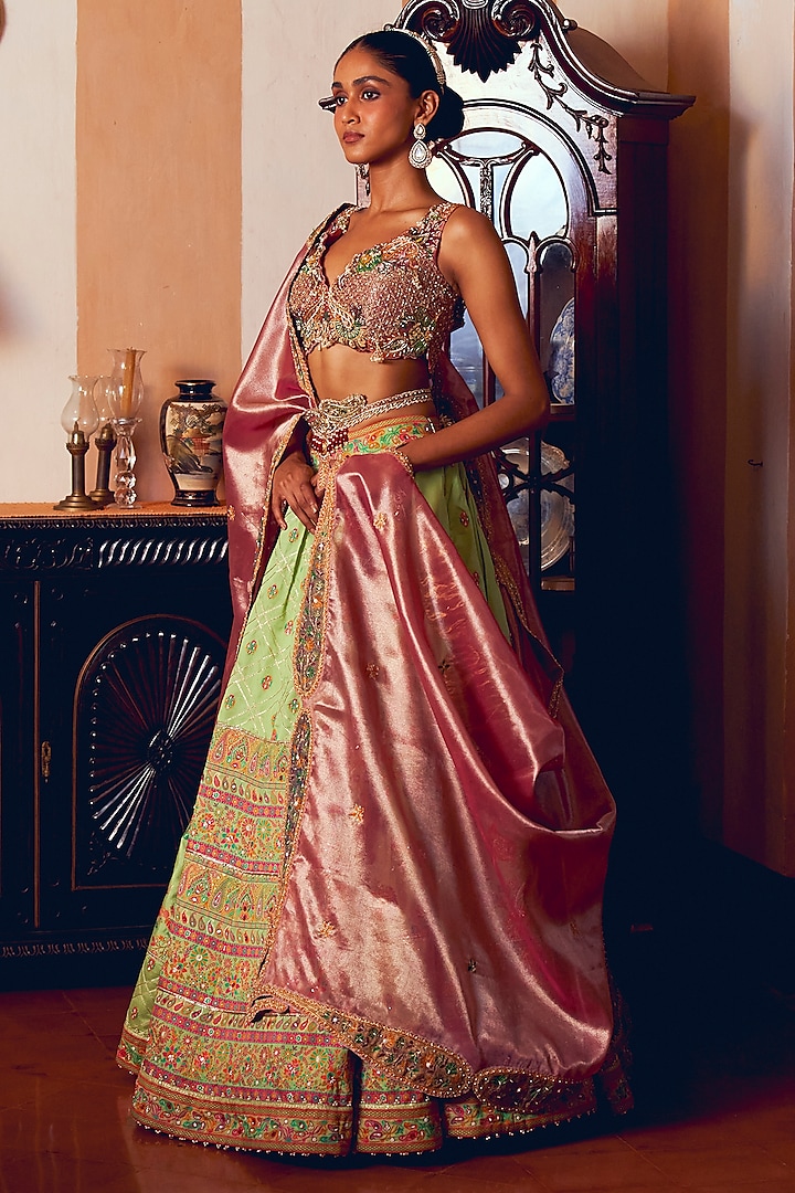 Light Green Jacquard Silk Banarasi Dabka Embroidered Kalidar Lehenga Set by Aditi Gupta